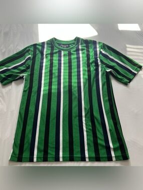 G-Net Striped Green, White, and Navy Short-Sleeve Men's Shirt Size Large